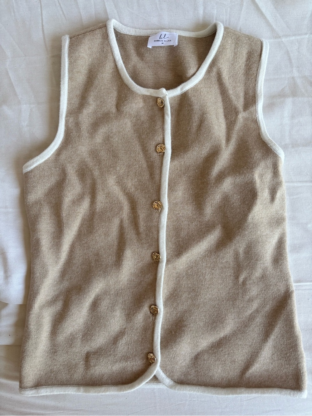 Bobbles & Lace Beige Knit Vest with White Trim